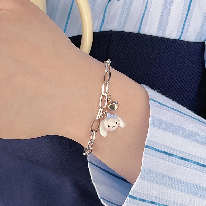 Sanrio Kawaii  Adjustable Bell Bracelet Cinnamoroll Kuromi Pompompurin My Melody Pochacco Cartoon Bracelet Anime Birthday Gift