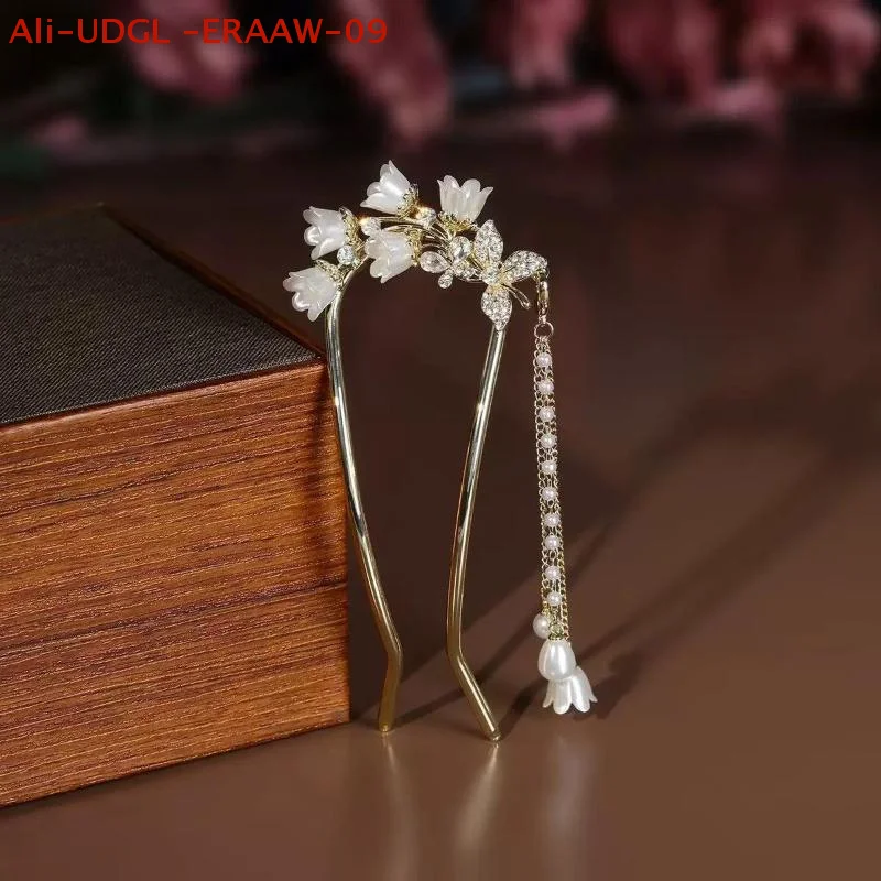 1pc chinês hanfu acessórios de cabelo borla longa vintage lírio vale em forma de u grampos de cabelo flor artesanal varas de cabelo para mulher