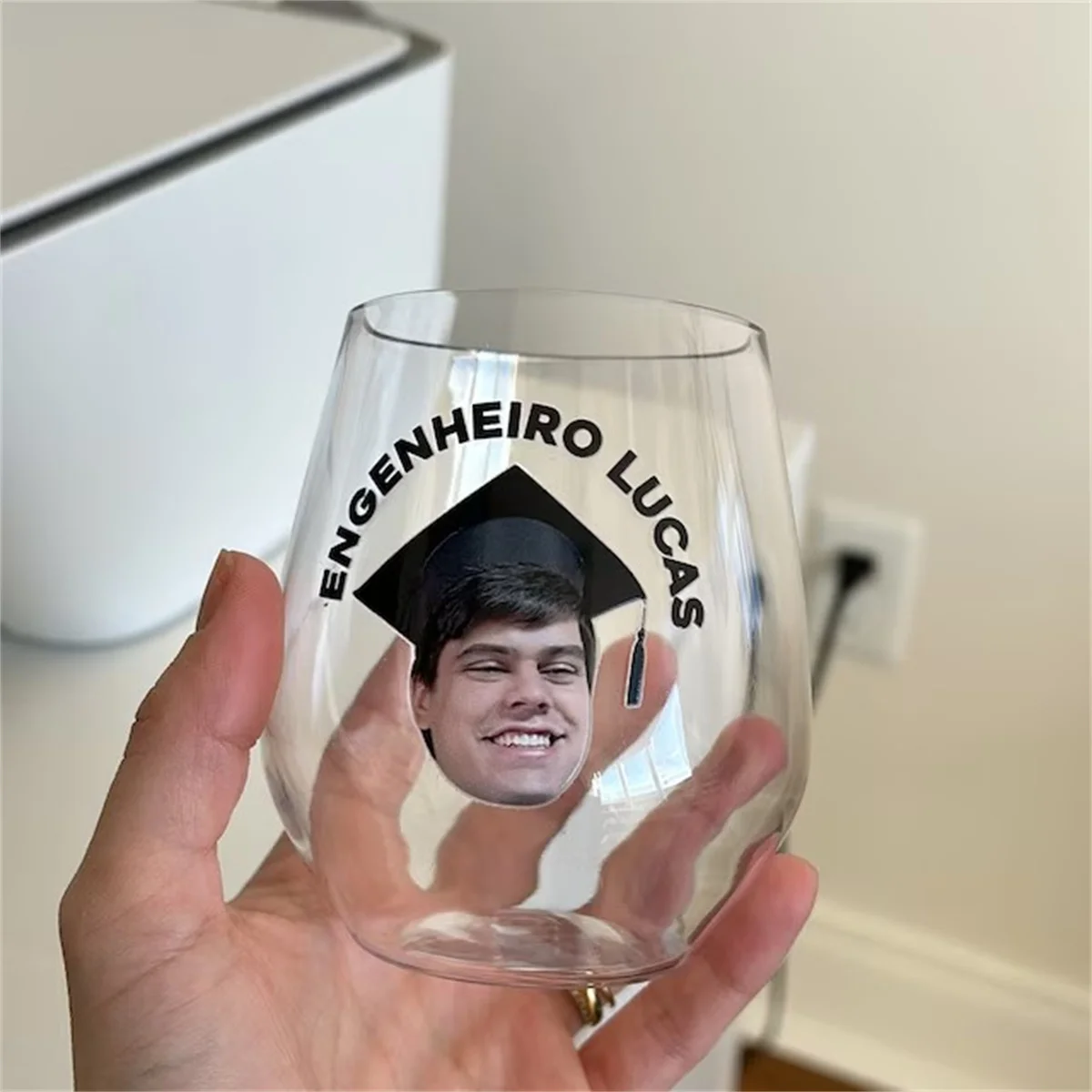 Copo de vinho personalizado com imagem, nomes personalizados nascimento, rosto nele