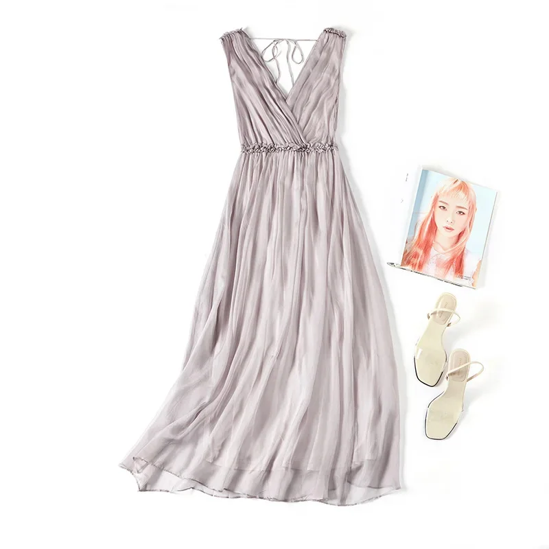 

Real Silk Women's Dress 2024 Summer Dresses for Women Elegant Slim Sleeveless Large Swing Fashion V-Neck Midi Long