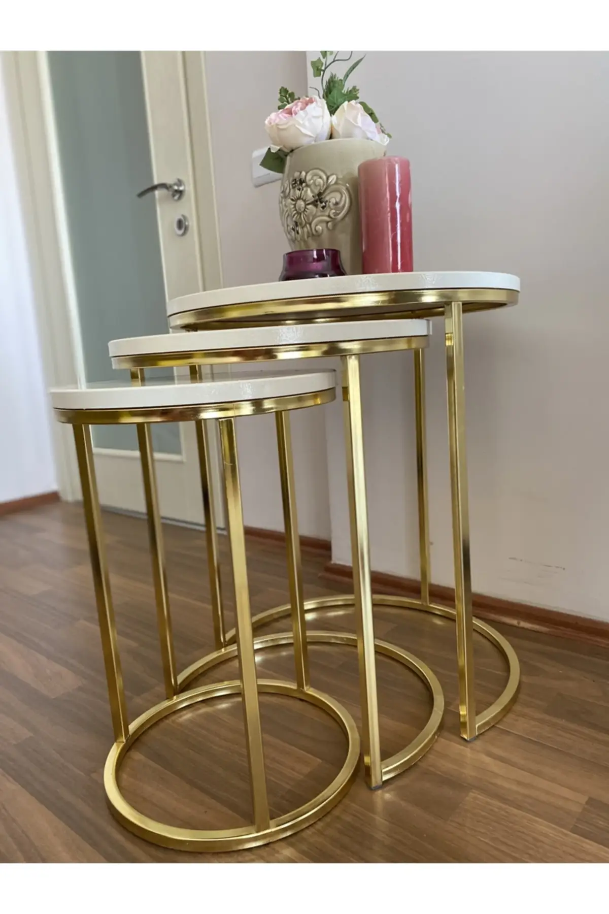 

DOLBOVI Zigon Coffee Table with glossy Gold Metal legs Mdf Table 3-piece clear bright cream Coffee Table