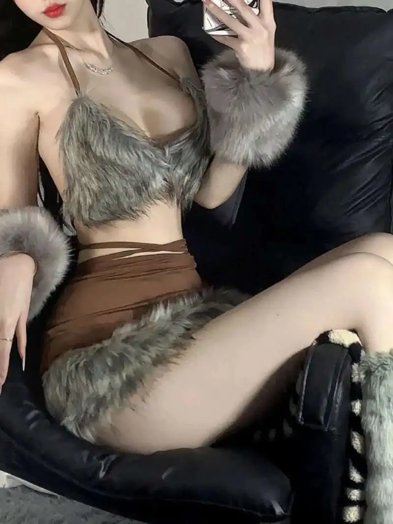 Lingerie Sexy chat en peluche épissage col suspendu fesses tentantes robe de jeu de rôle courte élégante mode débardeur Mini robe haut V52