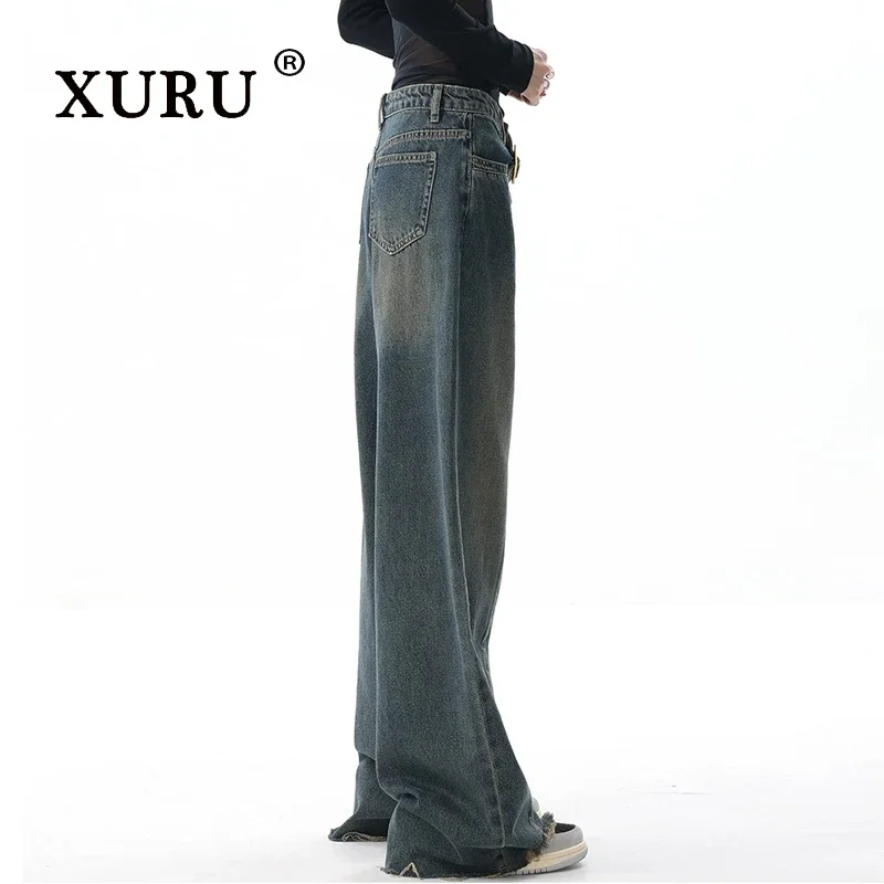 XURU-Distressed Jeans for Women, Retro Rough Edge, Loose Wide Leg Pants, Long Jeans, New, Europe and America, N4-491240