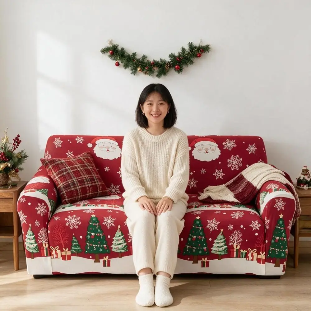 Practical Elastic Christmas Sofa Cover All-inclusive Scratch-Proof Couch Protector Nonslip Red Sofa Slipcover All-season