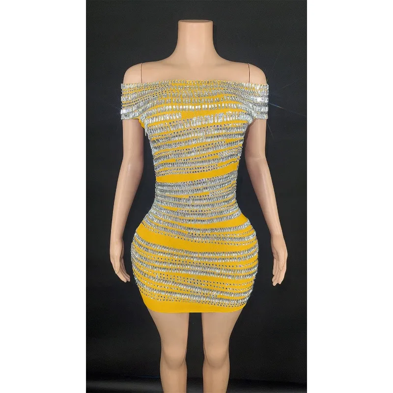 One-word Shoulder Design Full Diamond Slim Dress Nightclub Dancing Singer Performance Suit Catwalk Banquet Party Dress 홀터넥 웨딩드레스
