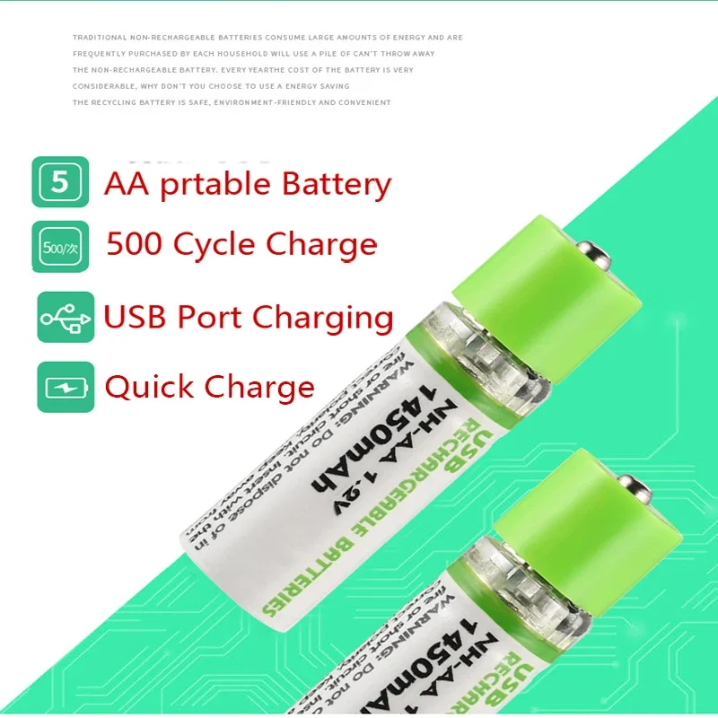 Новая аккумуляторная батарея AA Pilha USB Recarregavel 1,2 В, 1450 мАч, NI-MH, 1450 мАч для дистанционного управления, бритвы, радиоуправления