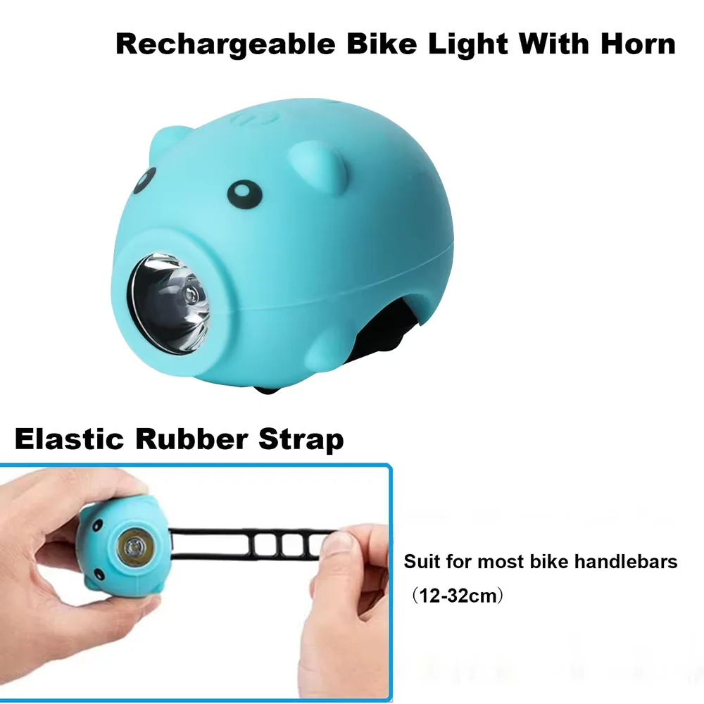 MTB Bike Headlight with Horn Rechargeable Children Cartoon Piggy Cycling Lamp 3 Modes Handlebar Front