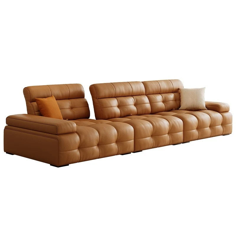 Functional French style, cream living room small apartment, adjustable backrest wide seat deep leather sofa