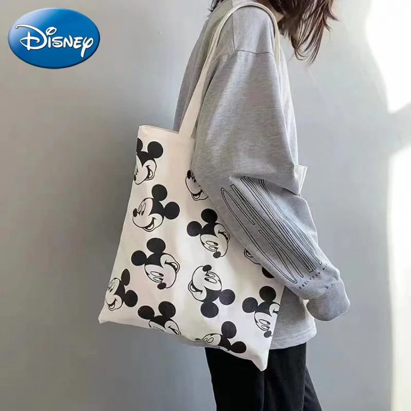 Disney Black and White Mickey Simple Letter Canvas Bag Unisex Casual Bag Shopping Thickened Canvas Bag