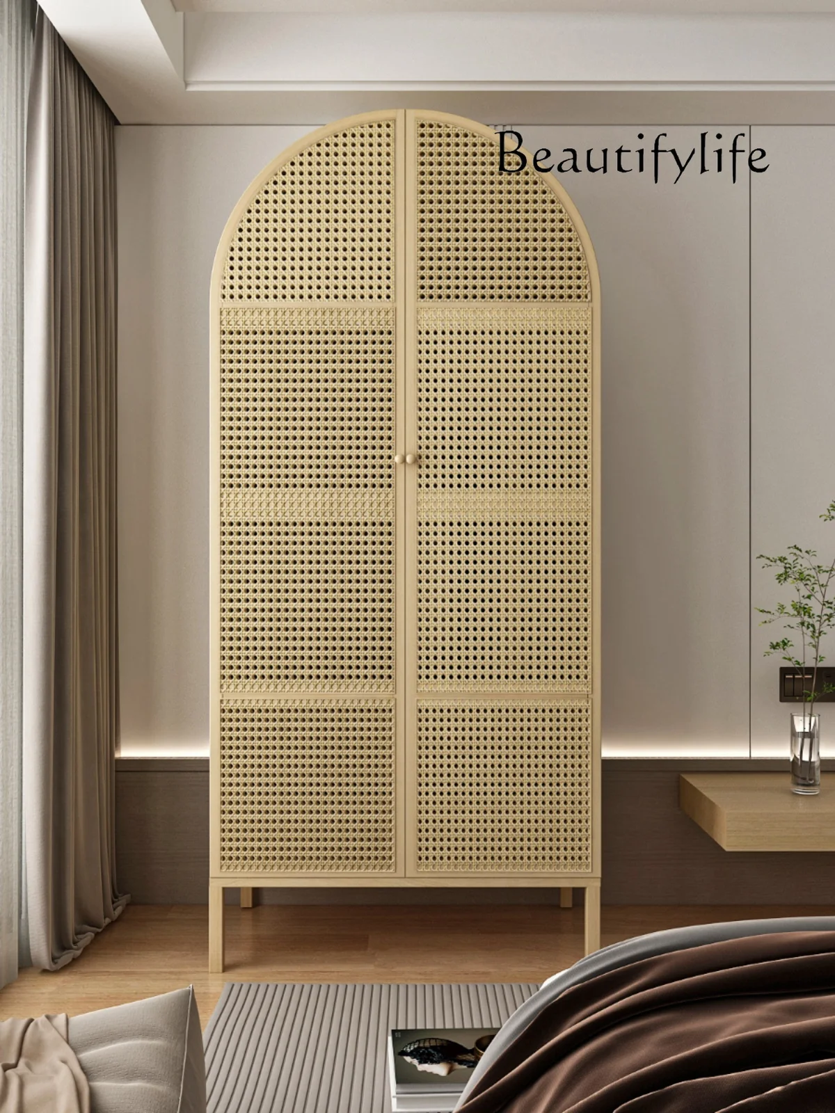 Japanese-Style Solid Wood Modern Minimalist Rattan Two-Door Wardrobe Hotel Household Log Storage Cabinet