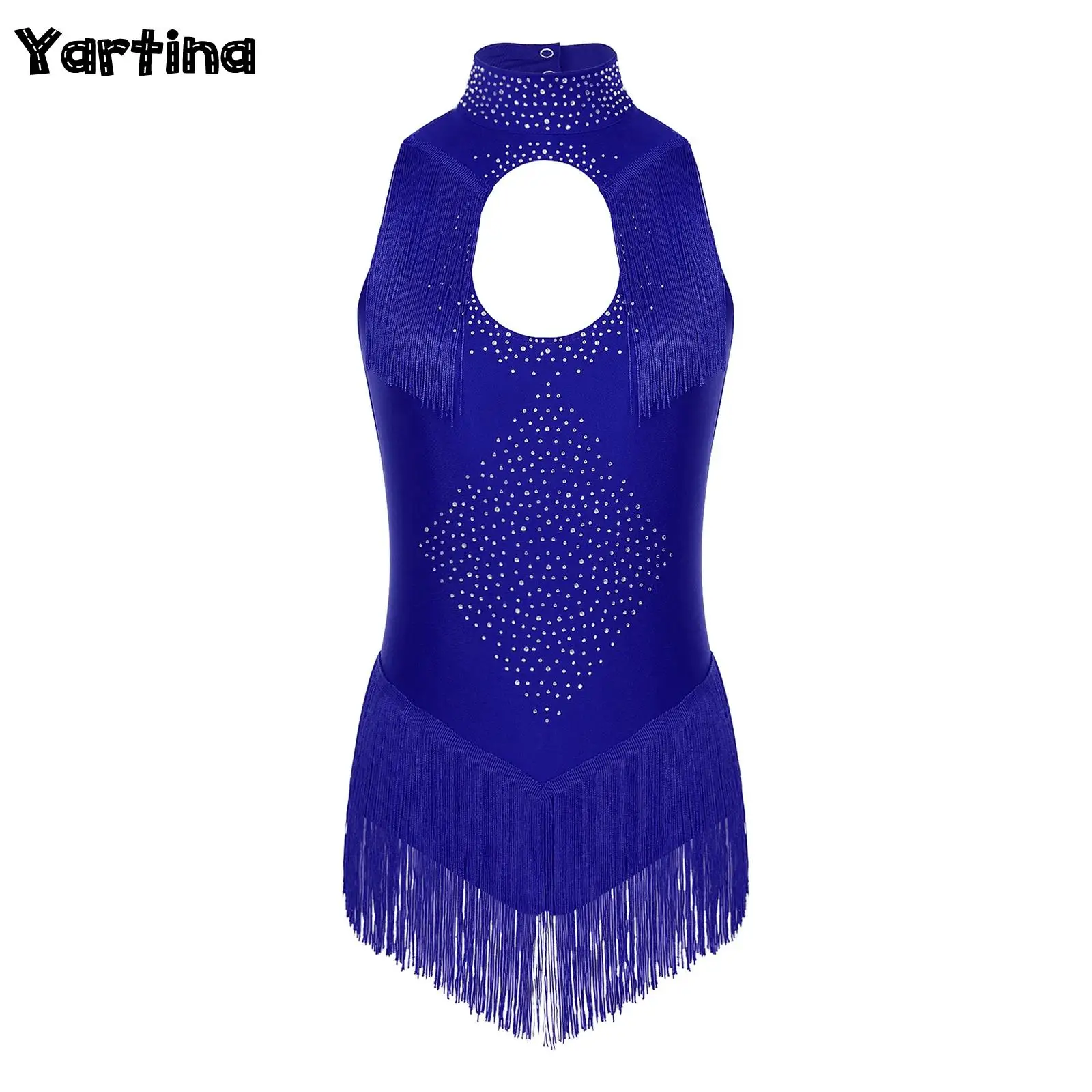 

Womens Sparkly Rhinestones Ballet Latin Dance Leotards Outfits Gymnastics Jumpsuit Artistic Skating Fringed Dance Body Costume