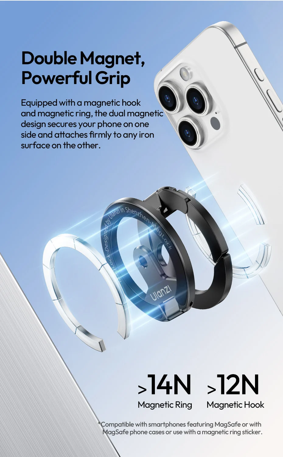 Ulanzi MA02 Phone Stand Slim Foldable Design MagLock Dual Magnetic with Universal 1/4" Mount for Gym Refrigerator Selfie Stick