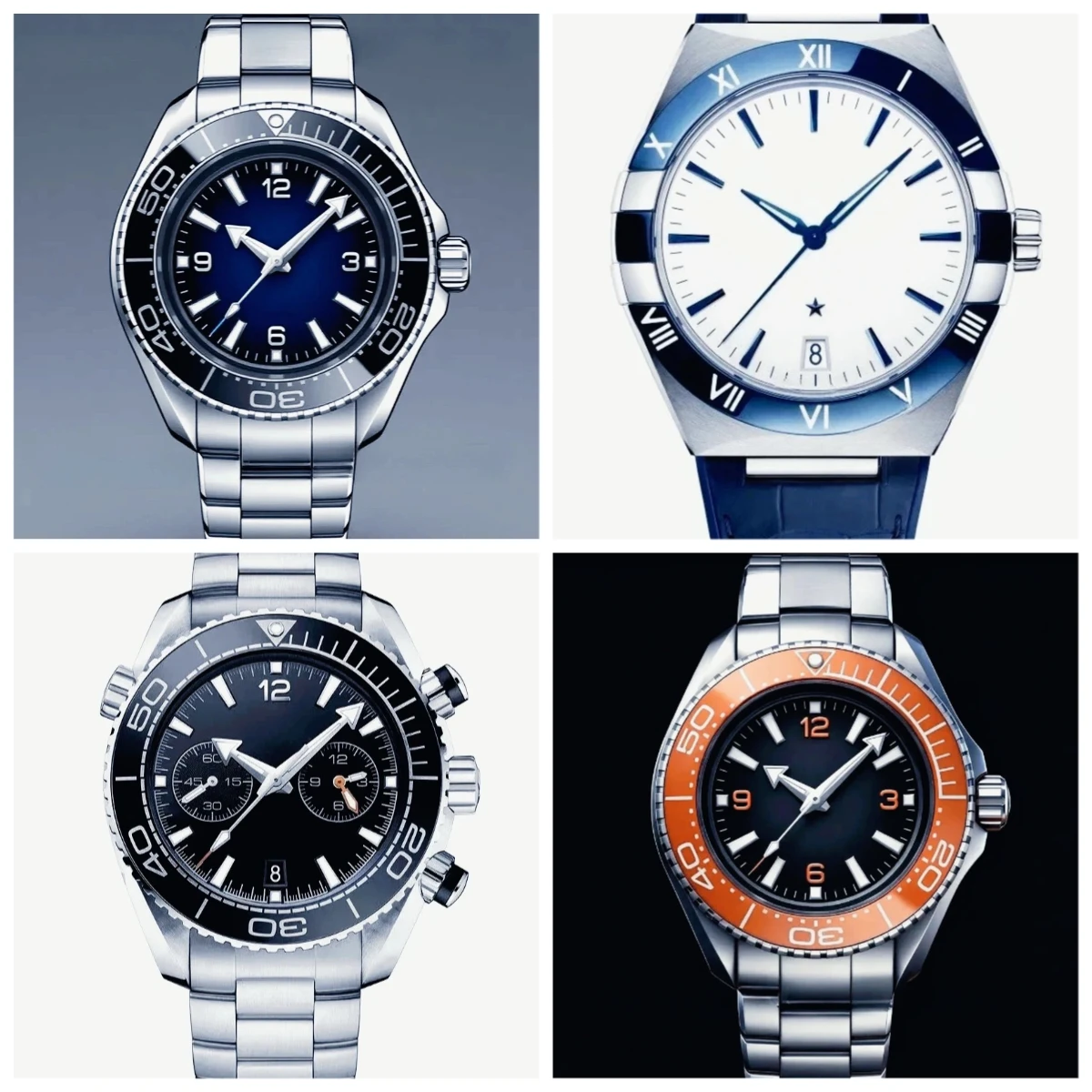 Mens Mechanical Automatic Watches Ceramic Bezel Black Blue Leather Steel