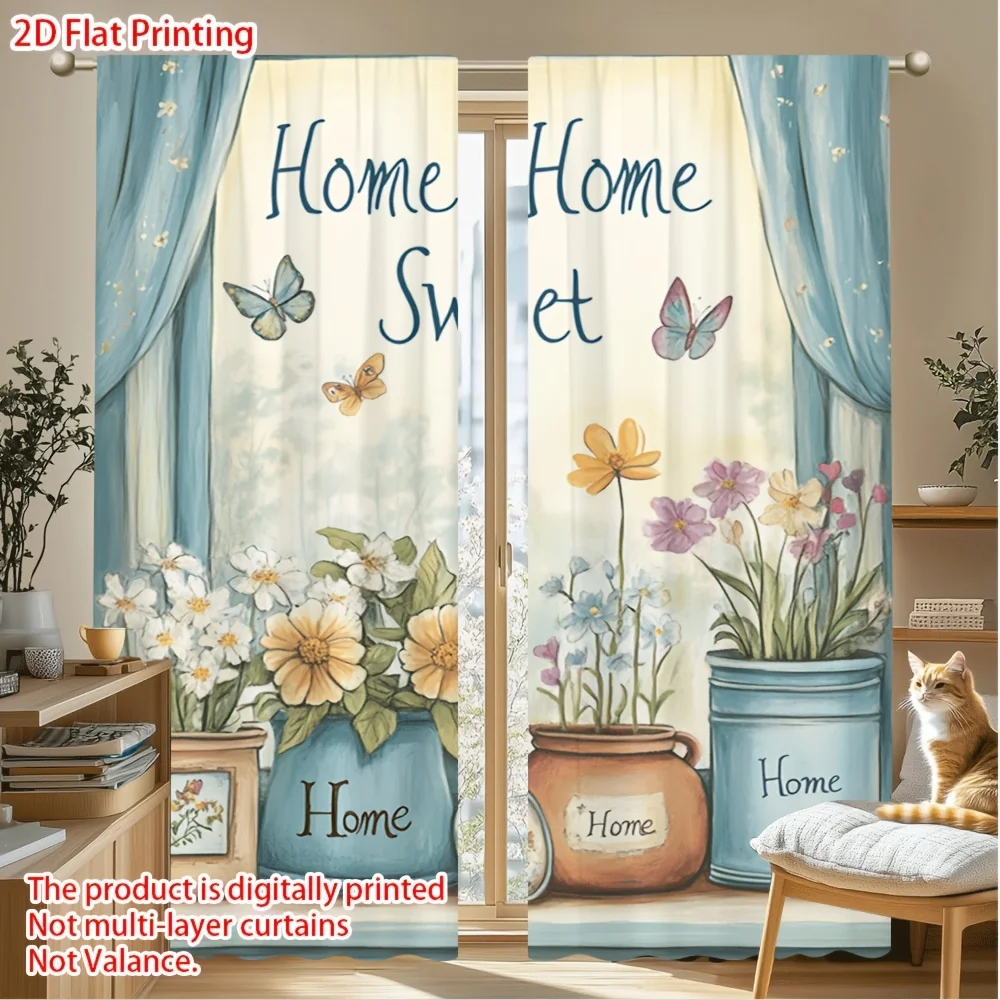 2 Stück, mehrfarbig, Vorhänge mit Blumen- und Schmetterlingsdruck im Stil „Home Sweet Home“, 2D-Flachdruck