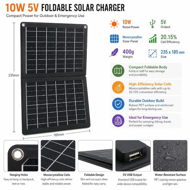 10W 5V Folding Solar Panel Charger Portable Outdoor Emergency USB Power for Camping Hiking Travel Phones Charging Solar Panel