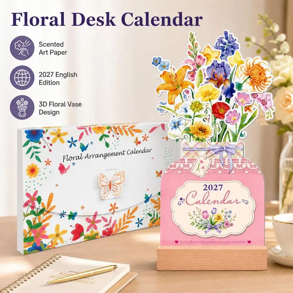 2027 Floral Wooden Desk Calendar 12 Sheets Painting Monthly Inserts Daily Schedule Stylish Desktop Decor For Office Home School