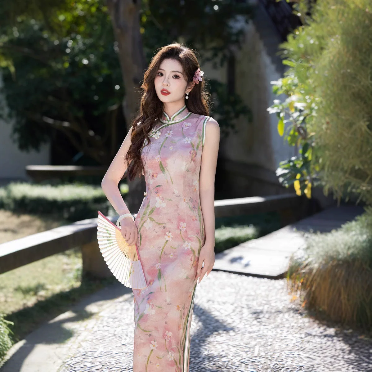 

Весенне-летнее новое китайское ретро Cheongsam, улучшенное темпераментное длинное платье Ципао без рукавов с принтом, розовое платье Ципао