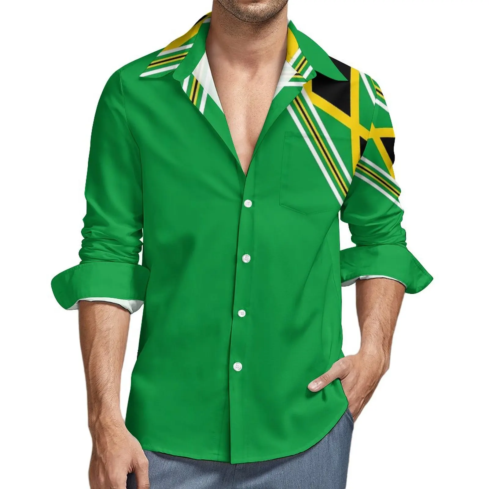 Jamaica Flag Blouse Man Green And Yellow Shirt Long Sleeve Classic Harajuku Casual Shirts Spring Design Clothing Plus Size