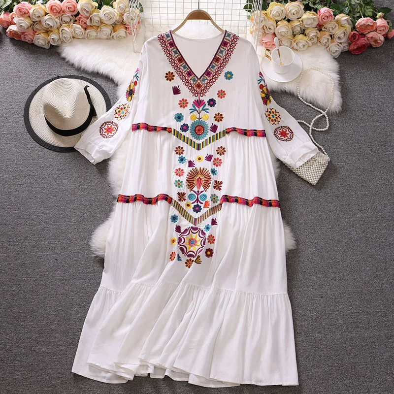 

Women Elegant V-Neck Summer Dresses Casual Short Sleeve Dresses Embroidered Slim Long Dress Vintage Drawstring Design Dress