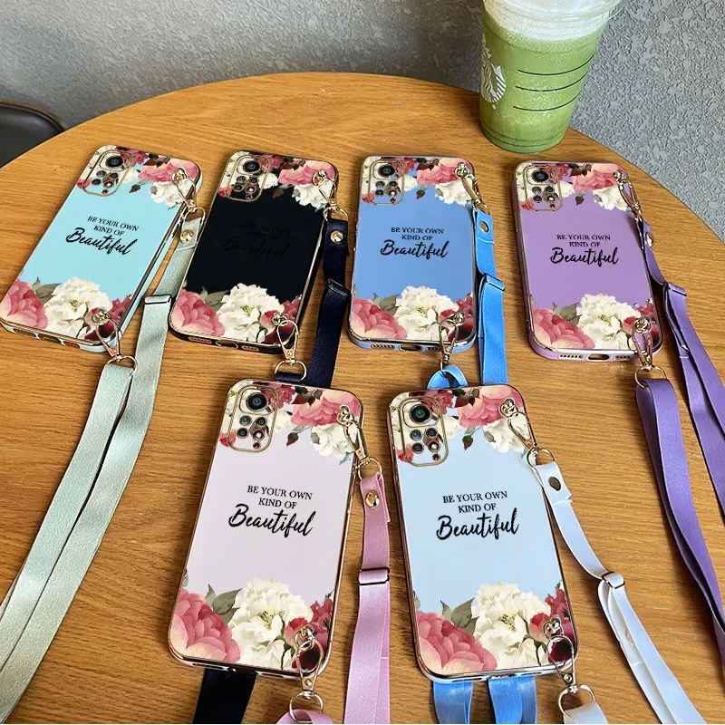 Quiet Flowers Lanyard Plating Phone Case For Xiaomi Redmi Note 11 11TPro 11T 11Pro 11SE 11T ProPlus 10S 11S 12Pro 12R 12 Cover