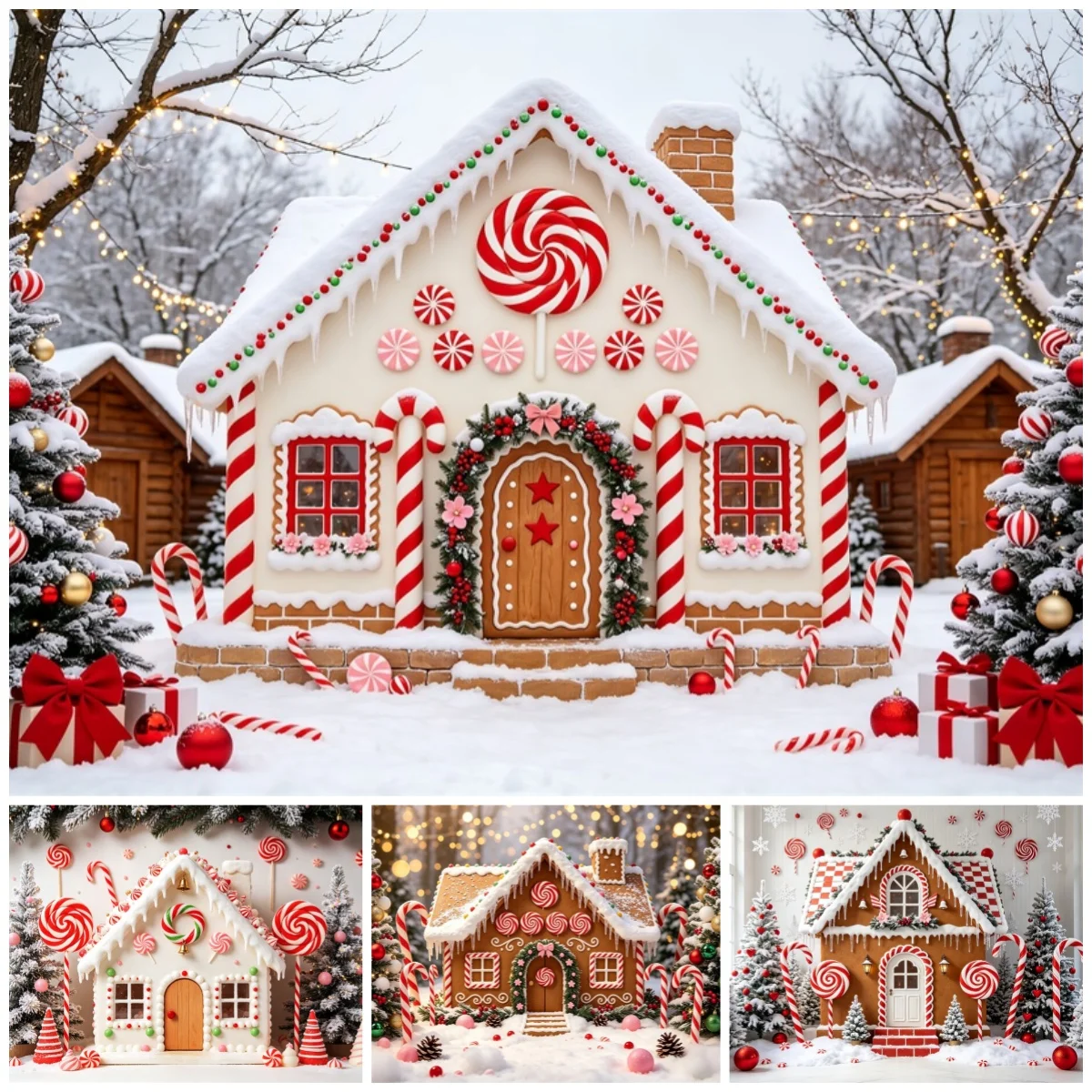 Christmas Gingerbread House Photography Backdrop Candy Cane Lollipop Snowy Tree Decor Background Kid Baby Cake Smash Studio Prop