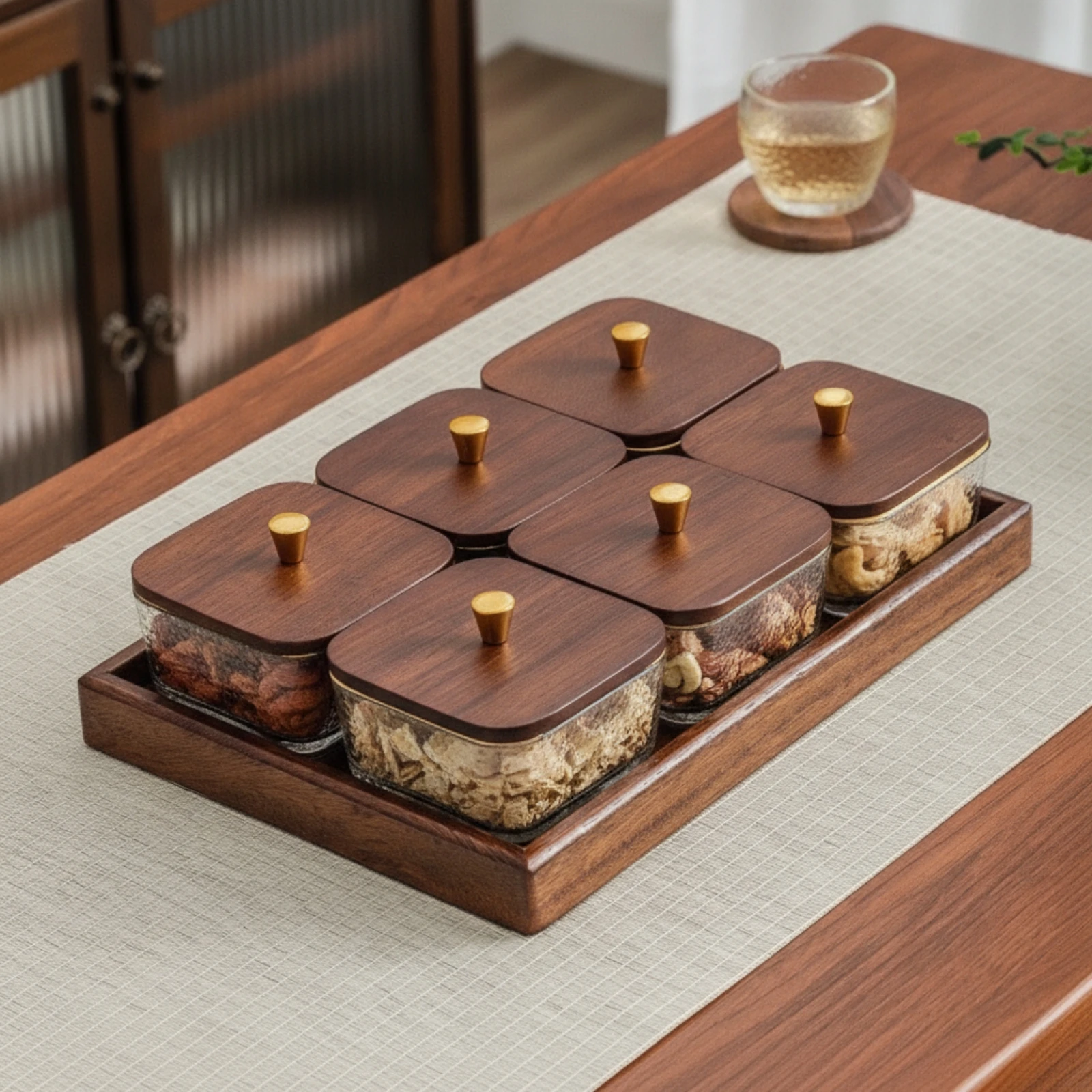 Serving Tray with Glass Bowls - đánh giá và giá Wooden Serving Tray