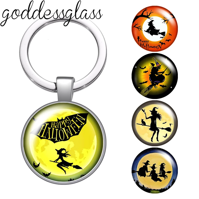 Happy Halloween witch Flying at night Photo 25mm glass cabochon keychain Bag Car key chain Ring Holder Charms keychain