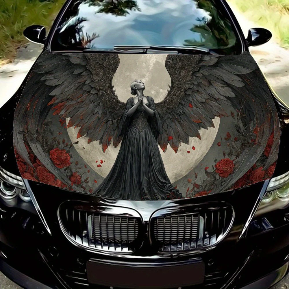 Black Wing Moon Night Rose Goddess Car Vinyl Wrap, PVC Waterproof Car Hood Sticker, Self-Adhesive Scratch-Resistant Stickers for