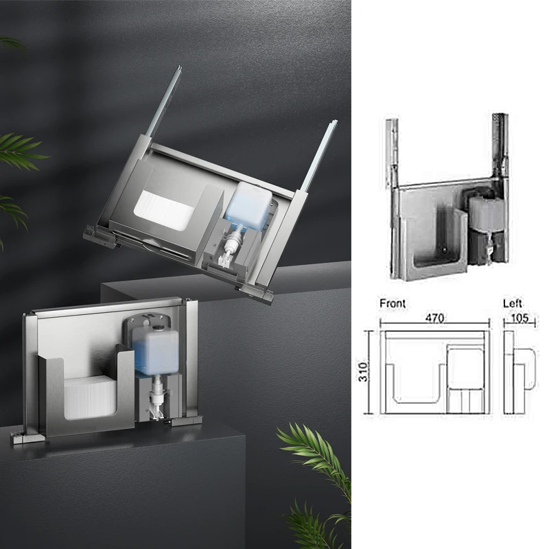 Concealed carton behind mirror cabinet, induction hand sanitizer machine, bathroom countertop, hand wipe, carton holder, embedde