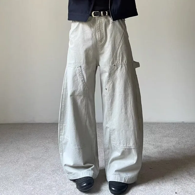 American Retro Washed Patchwork Casual Cargo Pants for Men Korean Fashion Harajuku High Street Baggy Wide Leg Pants Streetwear