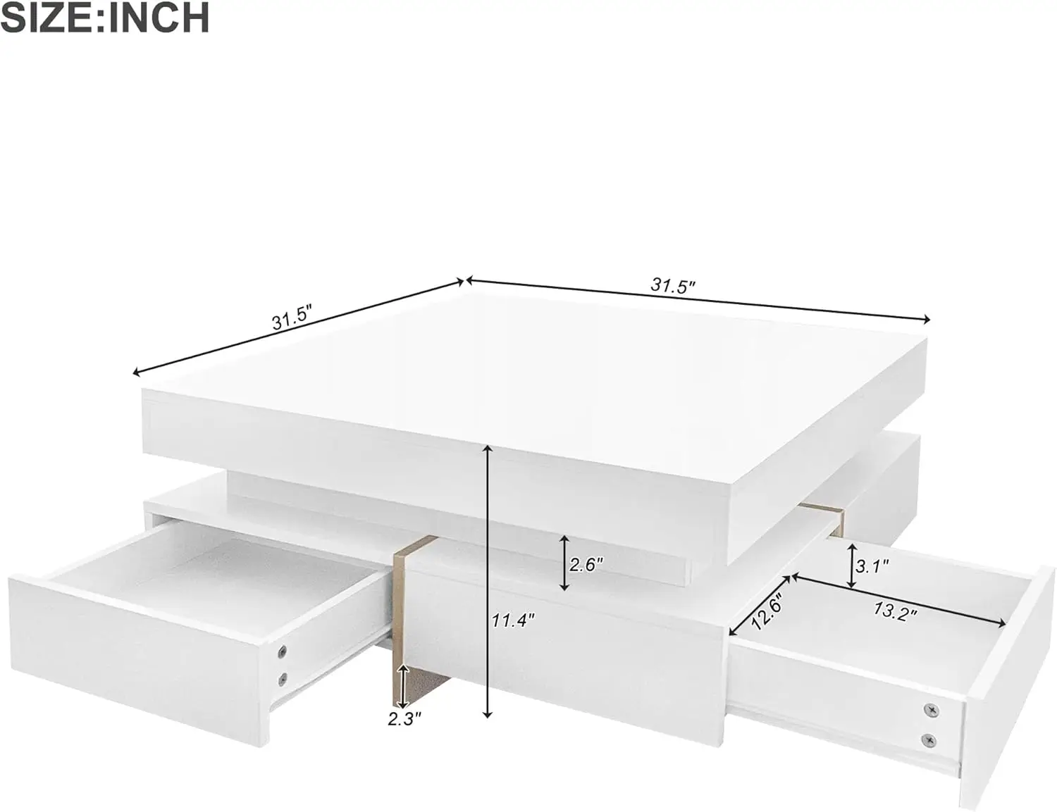 Modern High Gloss Coffee Table With 4 Drawers，Multi-Storage Square Cocktail Tea Table With Wood Grain Legs,Center Table，Perfect