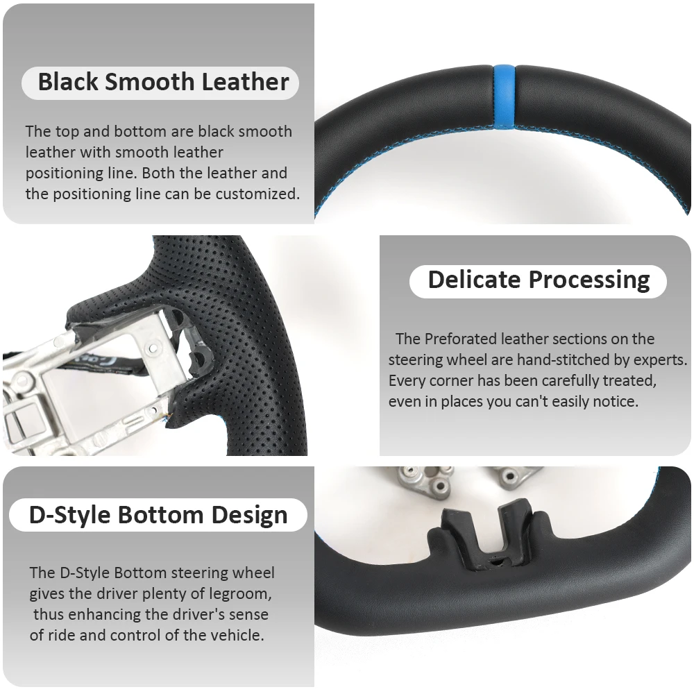 Leather Steering Wheel Fit For Ford Mustang 2018-2023 Black Smooth Leather Steering Wheel With Blue Stitching Center Line No Heat