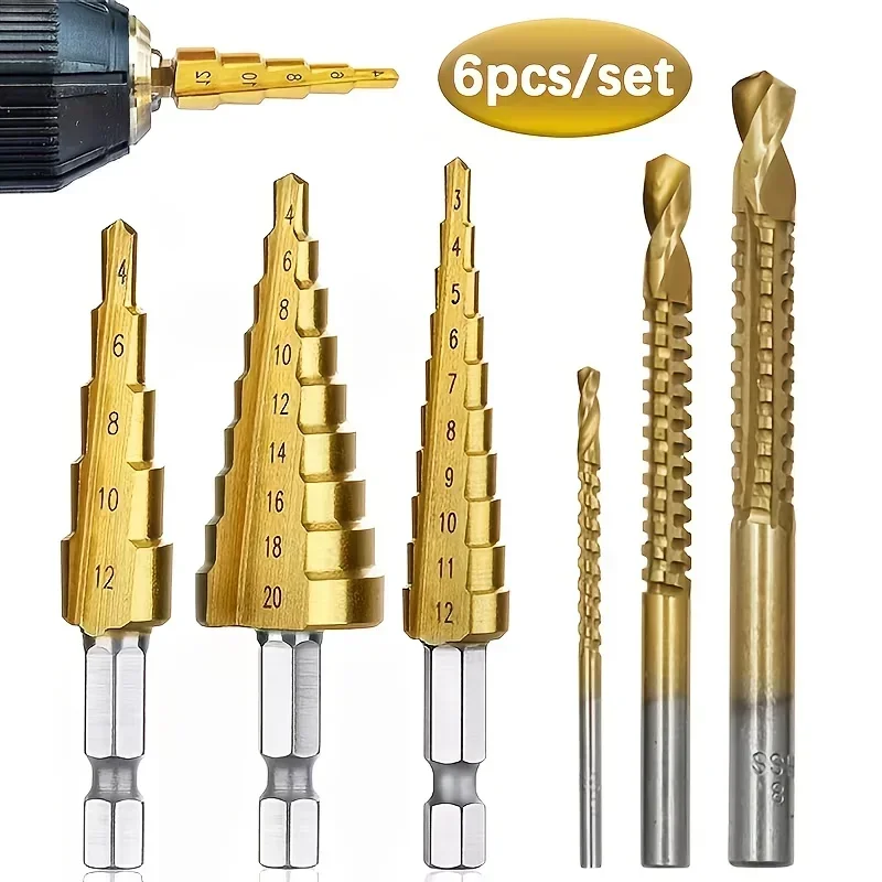 

6Pcs Step Saw Drill Bit Set,HSS Titanium Drill Bits Kit for Metal Iron&Wood, 4-12 4-20 4-32mm 3 6 8mm Drilling Hole Cutter Tools