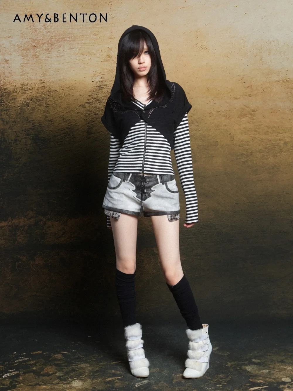 Original Design Gothic Do Old Knitted Contrasting Splicing Pu Low-rise Shorts Leg Warmer Subculture Punk Hot Girl Shorts Women
