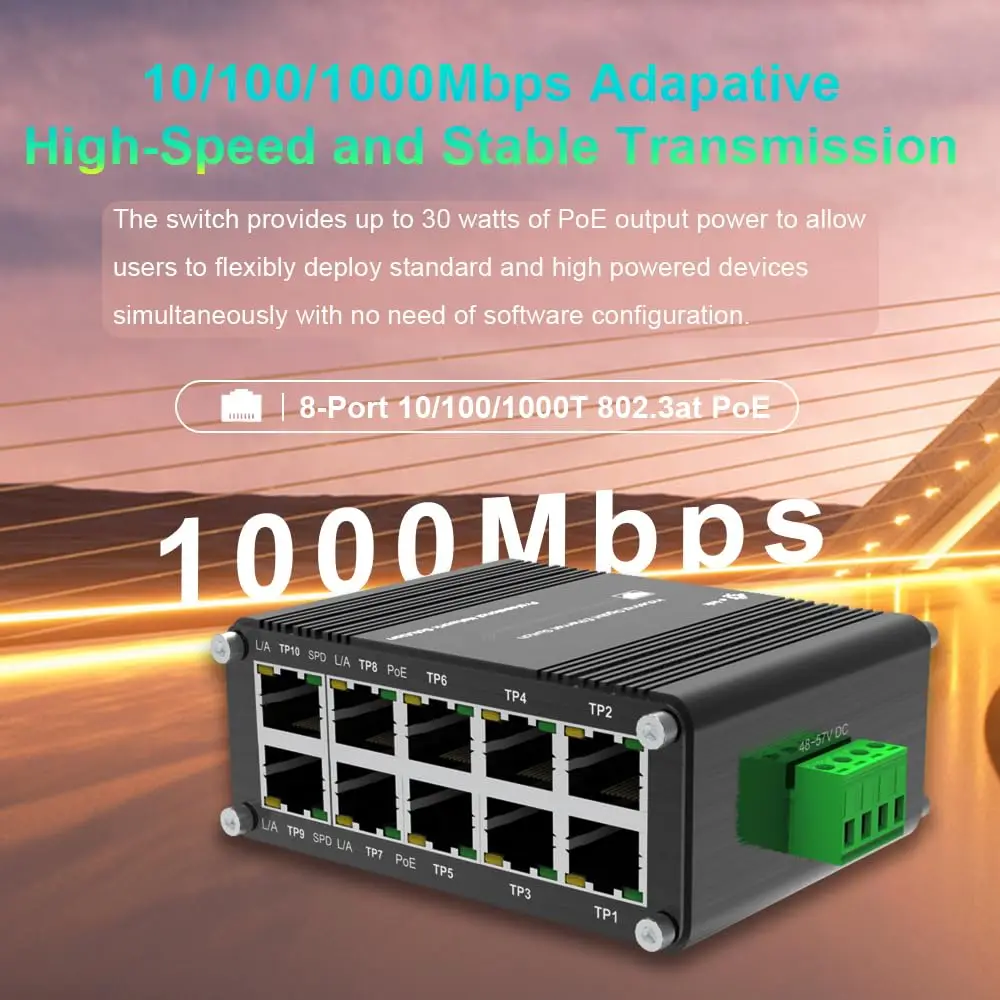 

Mini Industrial 8-Port 10/100/1000T 802.3at PoE+ 2-Port 10/100/1000T Din Rail Mount Compact Ethernet Switch 12~48V DC PoE Switch