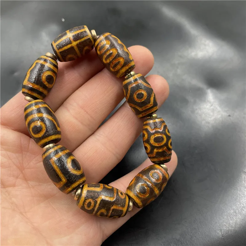 Tibetan- Patterned Dzi And Old Agate Bead Bracelet, Vintage Ethnic Style