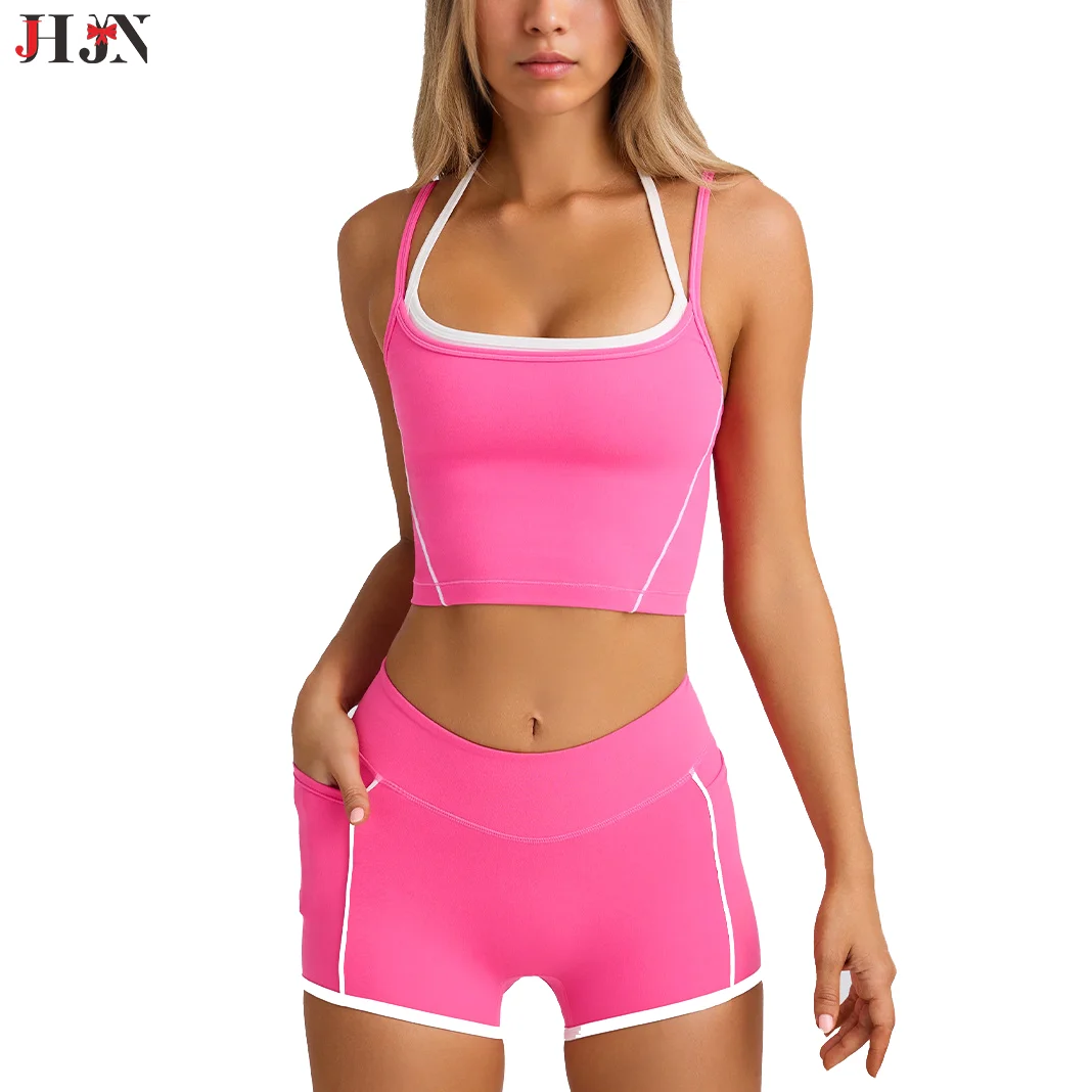 Women 2 Piece Sports Set Fitness Tracksuit Crop Vest Shorts Suspender Bra High Elasticity Tight Fit Pilates Workout Active Wear