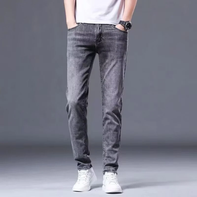 

Men Spring Autumn New Casual Elasticity Jeans Male Slim Fit Straight Leg Denim Pants Fashion Daily Classic Light Gray Trousers