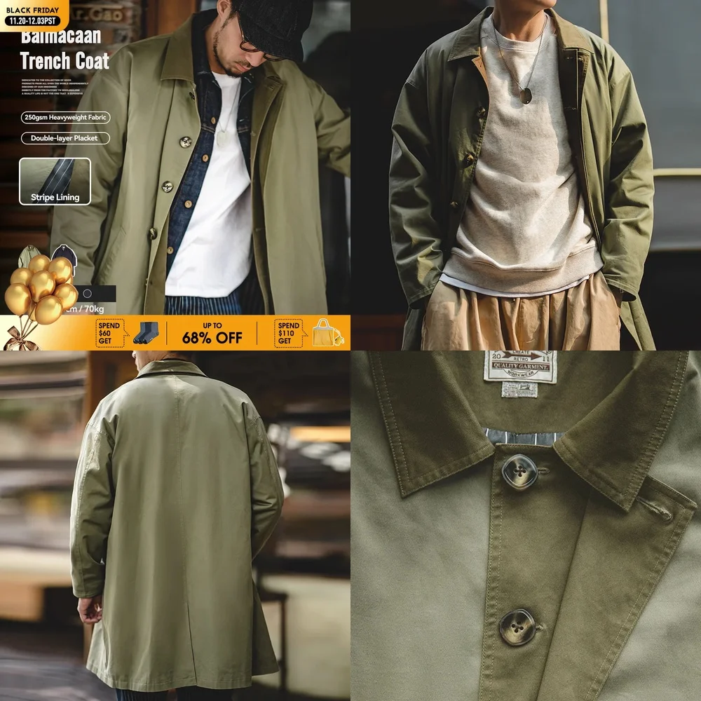 

Maden Casual Balmacaan Trench Coat for Men Loose Fit Green Windbreaker Heavyweight Twill Vintage Long Jacket Fall Winter