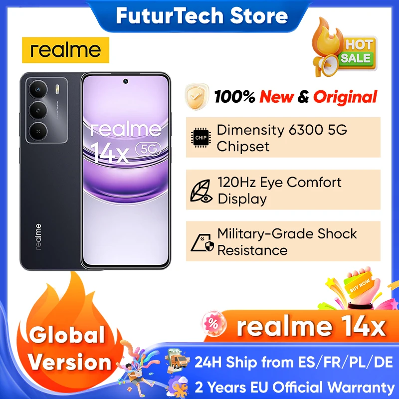 هاتف ذكي Realme 14x5G الأبعاد بطارية 6300 مللي أمبير في الساعة '120 هرتز شاشة مريحة للعين 50 ميجابكسل Al Camera 15 إصدار شحن عالمي #1
