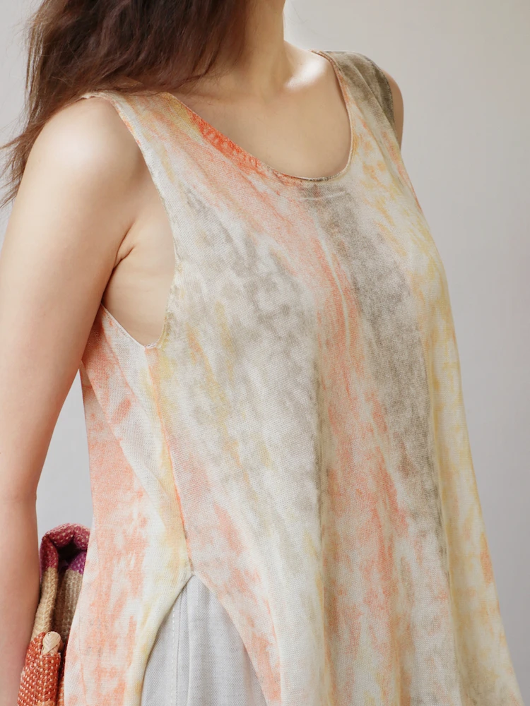 

Cree Handmade Knitted Linen Long Open Bal Vest Dyeing Technique Layering Top Striped Pattern Versatile Women's Svel