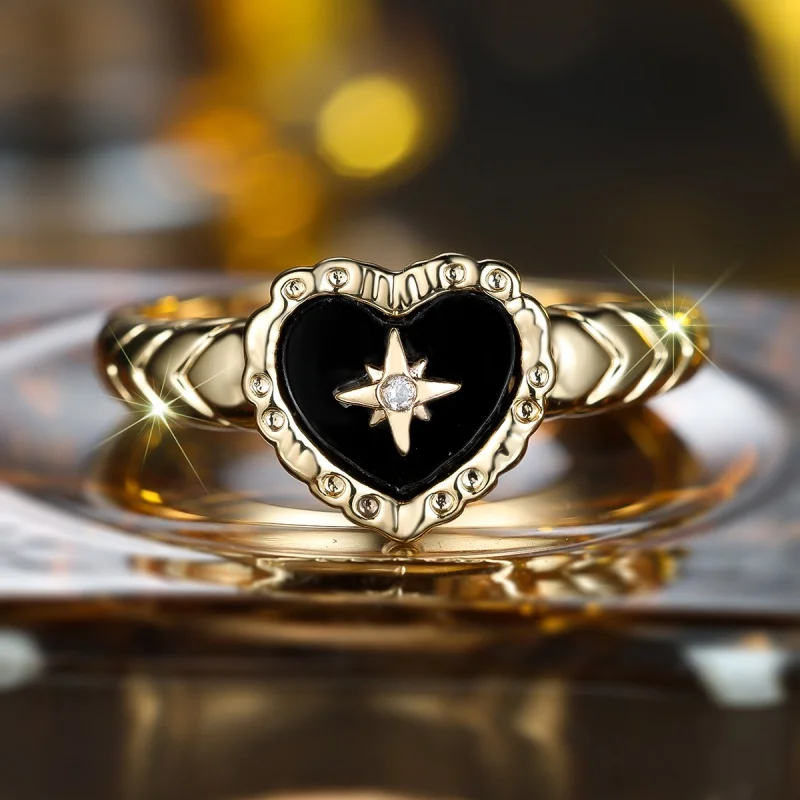Sweet and Cool Lace Heart-shaped Black Background Star Ring Elegant High-end Matte Pattern Versatile Commuting Girl Jewelry