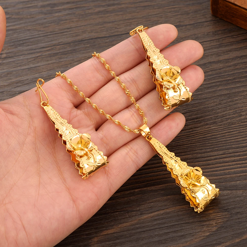 Trinidad Gold Color Hisbicus Necklace Earring Women Party Gift Charms Girls Kid Jewelry Sets