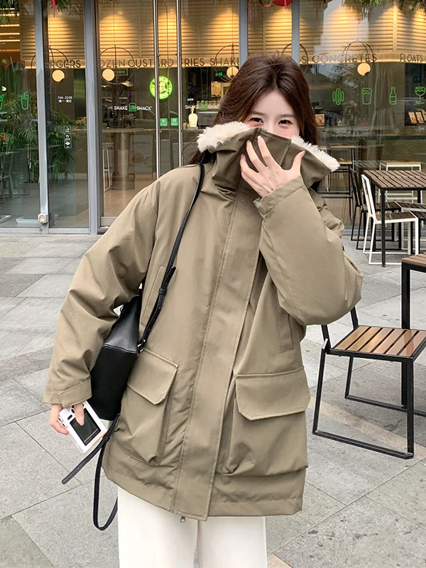 

Модное женское зимнее утепленное пальто с воротником из овечьей шерсти, на молнии, длинное, в корейском стиле, для повседневной носки