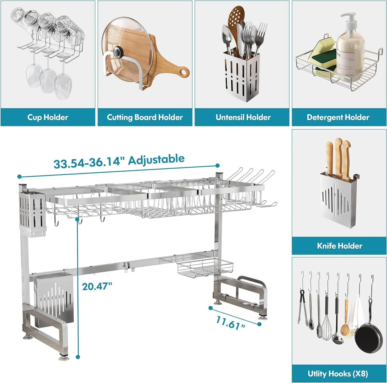 304 Stainless Steel Dish Drying Rack, expansível L, 2-Tier Dish Rack, comprimento ajustável, 33.5-36.2in