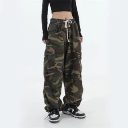 100% Pure Cotton Camo Cargo Pants Women Y2K Vintage Streetwear Joggers Sweatpants Bf Oversized Loose Hip Hop Wide Leg Trousers