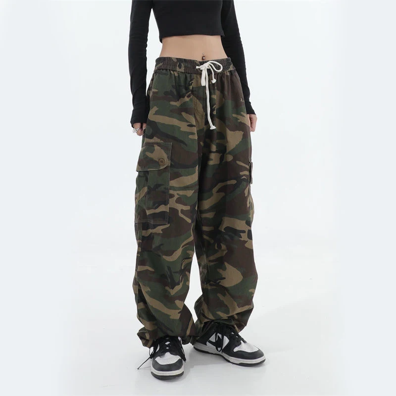 100% Pure Cotton Camo Cargo Pants Women Y2K Vintage Streetwear Joggers Sweatpants Bf Oversized Loose Hip Hop Wide Leg Trousers