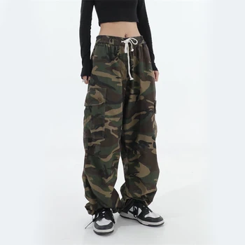 100% puro algodão camo carga calças femininas y2k vintage streetwear joggers moletom bf oversized solto hip hop calças largas perna