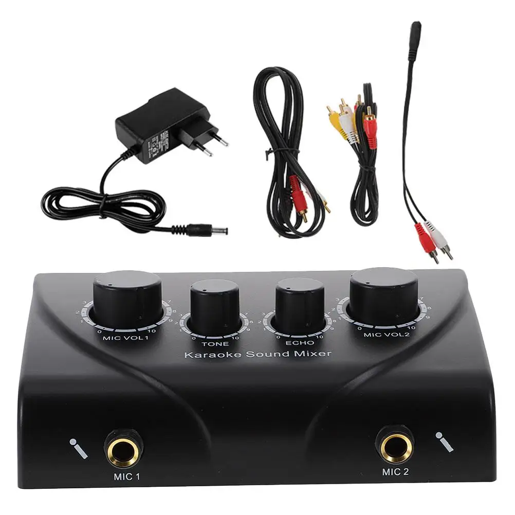 Mezclador de Karaoke profesional con entradas de micrófono duales de 1080P con Cable adaptador de corriente con perilla de tono de alta calidad y bajo ruido negro