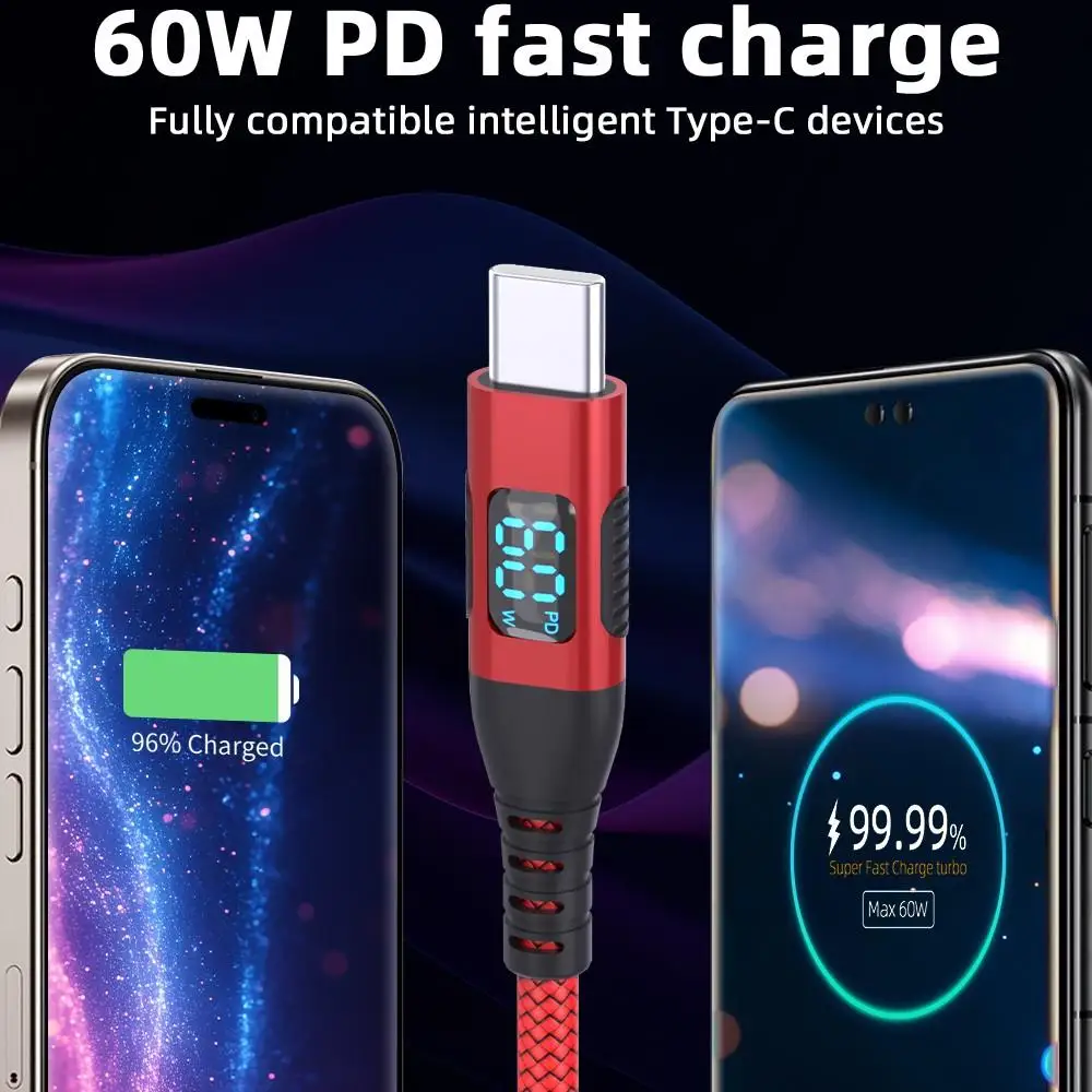 LAIHONEN 60W 9V2A 6FT USB-A to C Cable, LED Display Nylon Braided Charge, For IPhone15 Pro Samsung S23 iPad Pro MacBook22 Google